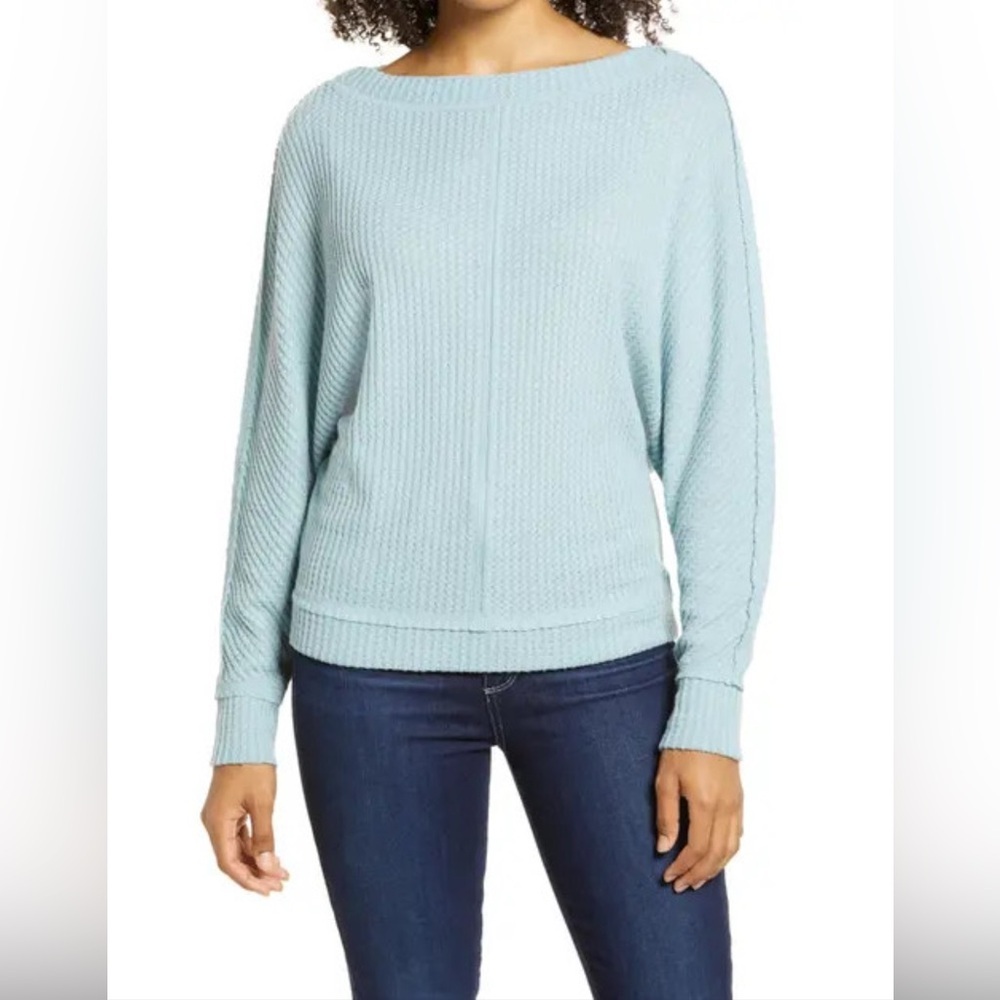Caslon Women's Long Dolman Sleeve Ribbed Knit Thermal‎ Top Blue Small